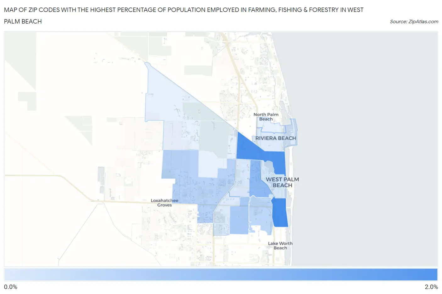Zip Codes with the Highest Percentage of Population Employed in Farming, Fishing & Forestry in West Palm Beach Map