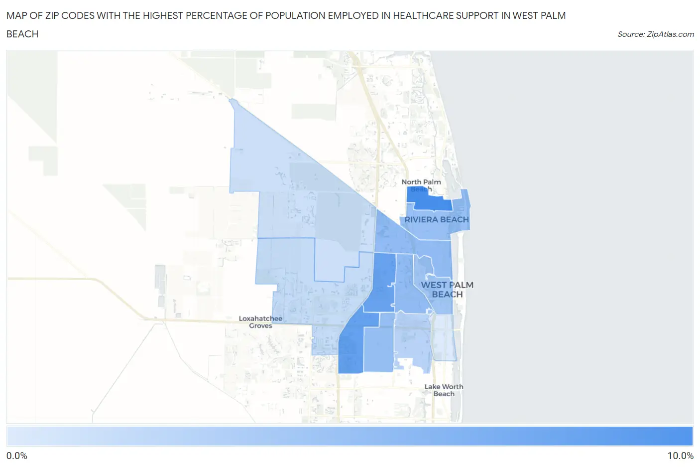 Zip Codes with the Highest Percentage of Population Employed in Healthcare Support in West Palm Beach Map