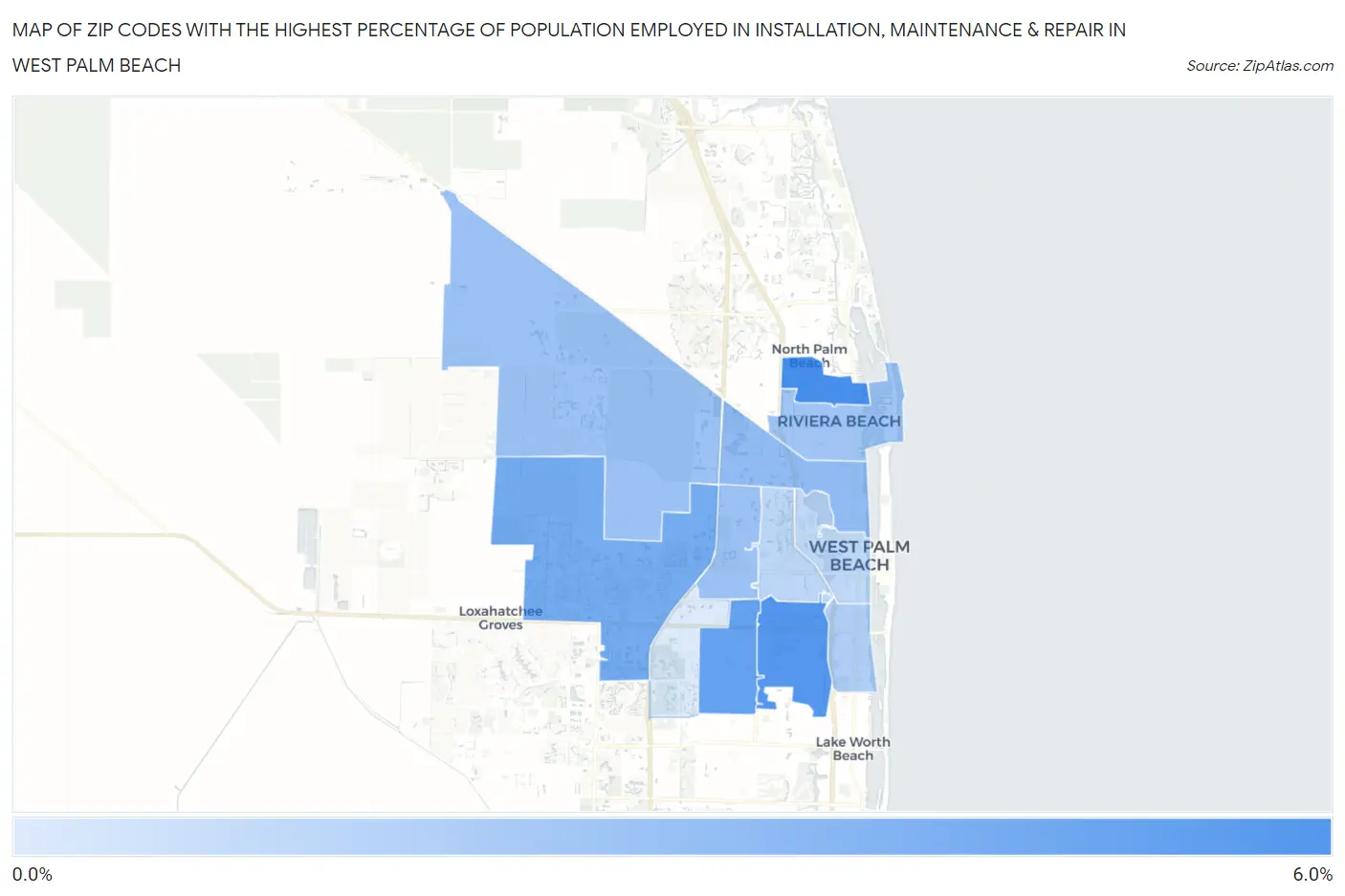 Zip Codes with the Highest Percentage of Population Employed in Installation, Maintenance & Repair in West Palm Beach Map