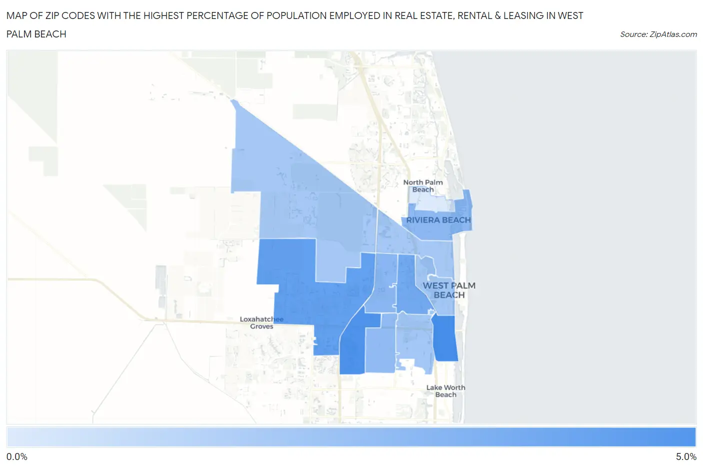 Zip Codes with the Highest Percentage of Population Employed in Real Estate, Rental & Leasing in West Palm Beach Map