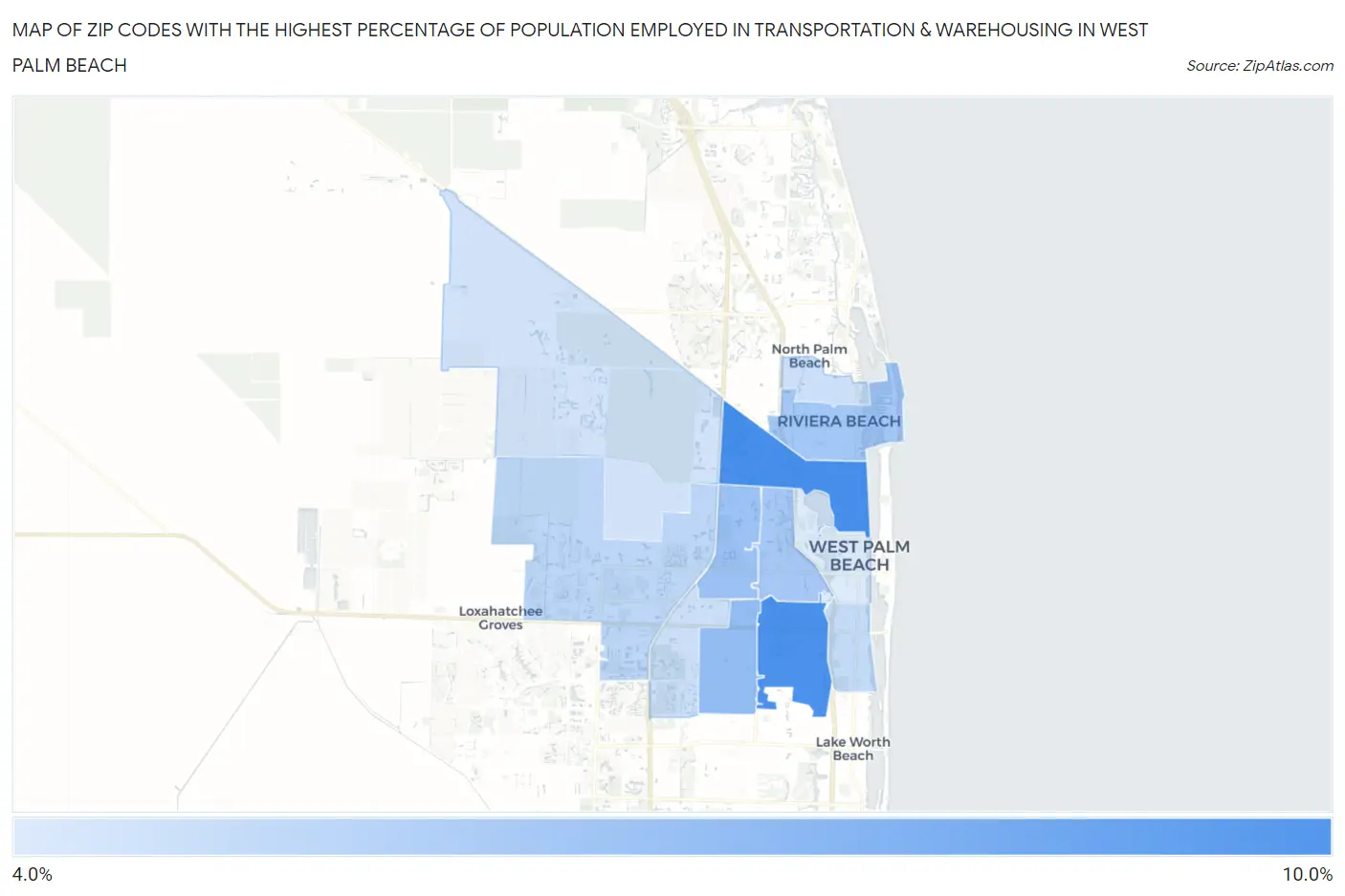 Zip Codes with the Highest Percentage of Population Employed in Transportation & Warehousing in West Palm Beach Map