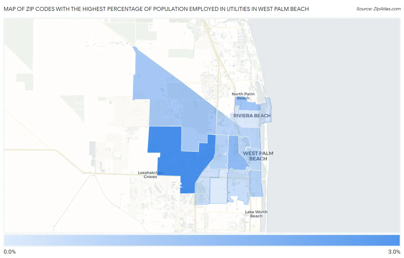 Zip Codes with the Highest Percentage of Population Employed in Utilities in West Palm Beach Map