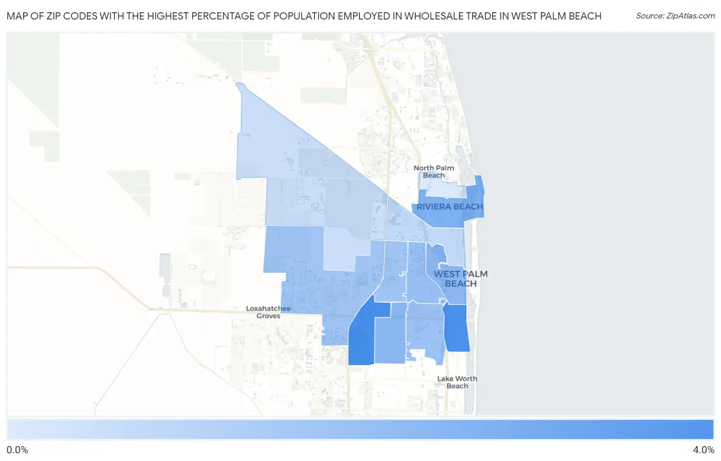 Zip Codes with the Highest Percentage of Population Employed in Wholesale Trade in West Palm Beach Map