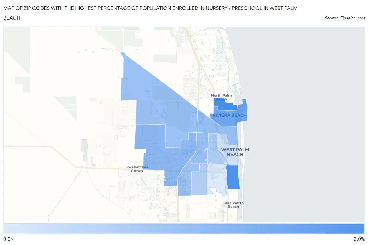 Zip Codes with the Highest Percentage of Population Enrolled in Nursery / Preschool in West Palm Beach Map
