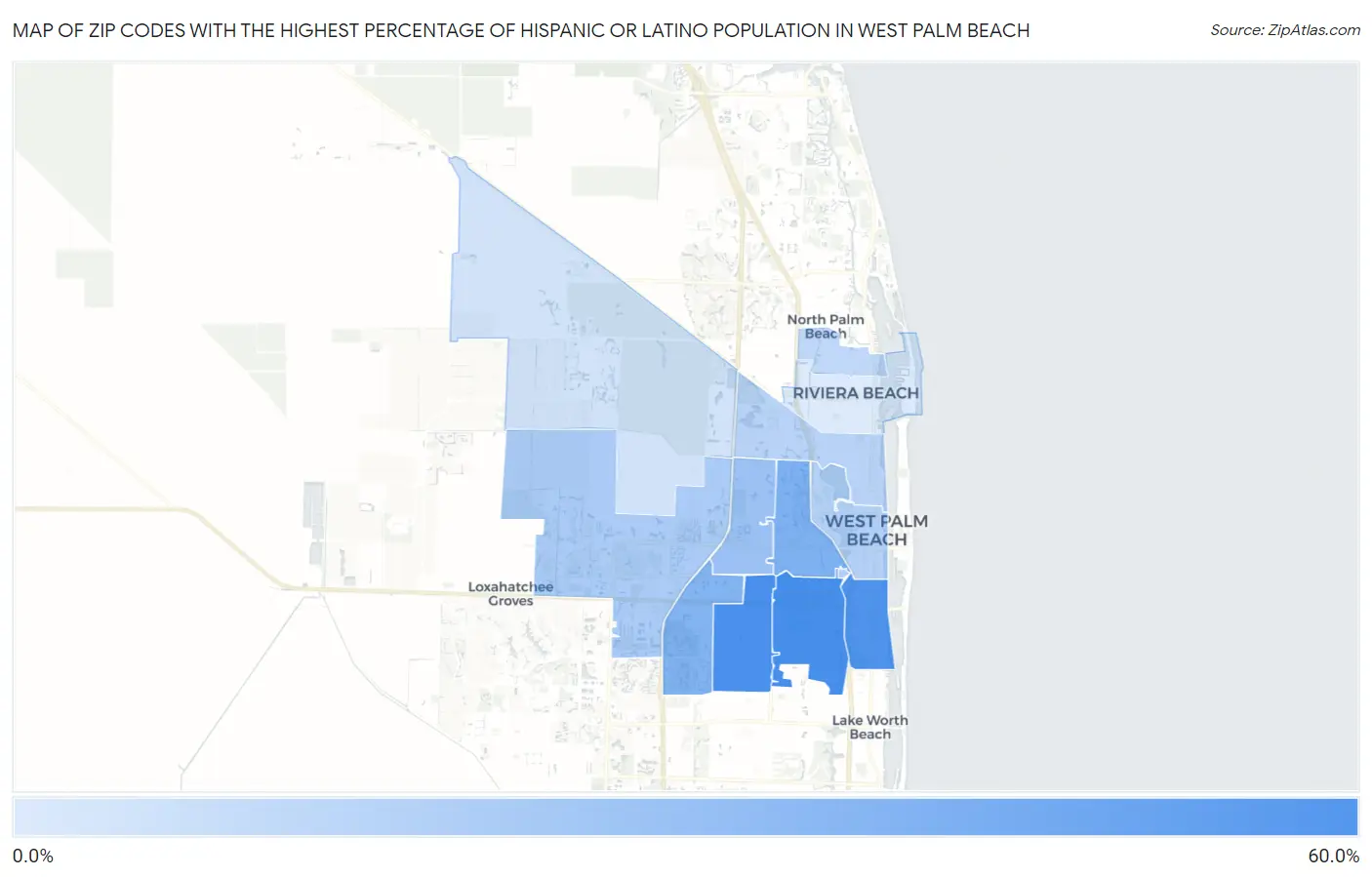 Zip Codes with the Highest Percentage of Hispanic or Latino Population in West Palm Beach Map