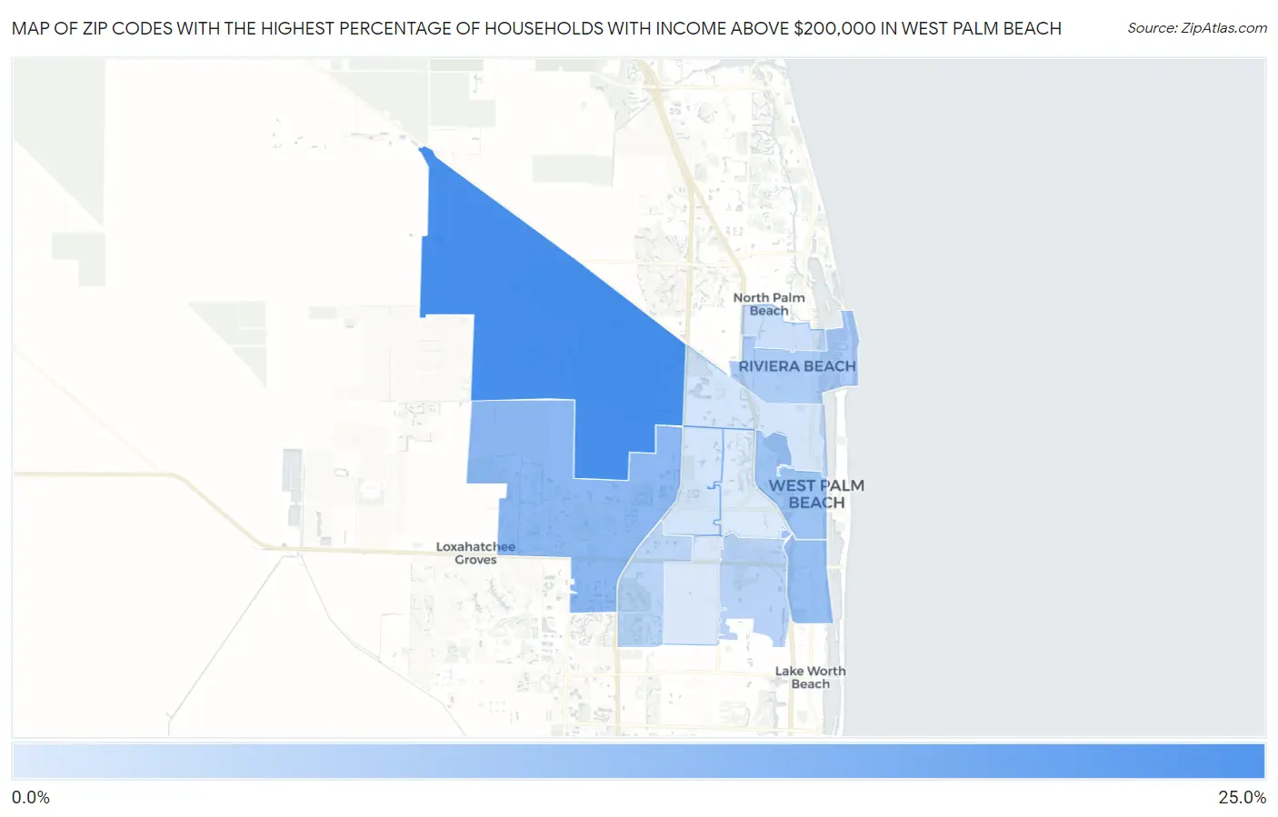 Zip Codes with the Highest Percentage of Households with Income Above $200,000 in West Palm Beach Map