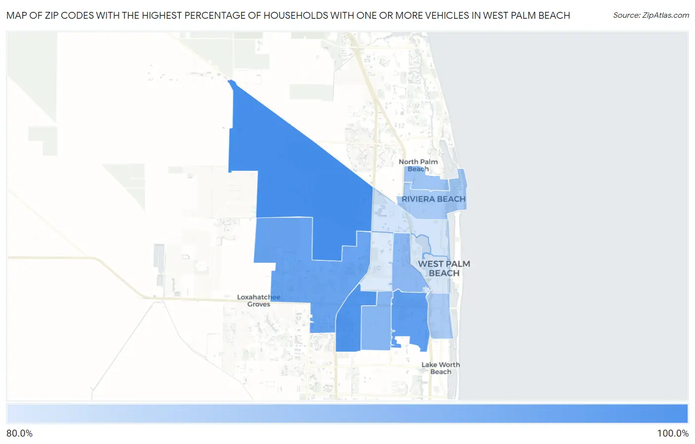 Zip Codes with the Highest Percentage of Households With One or more Vehicles in West Palm Beach Map