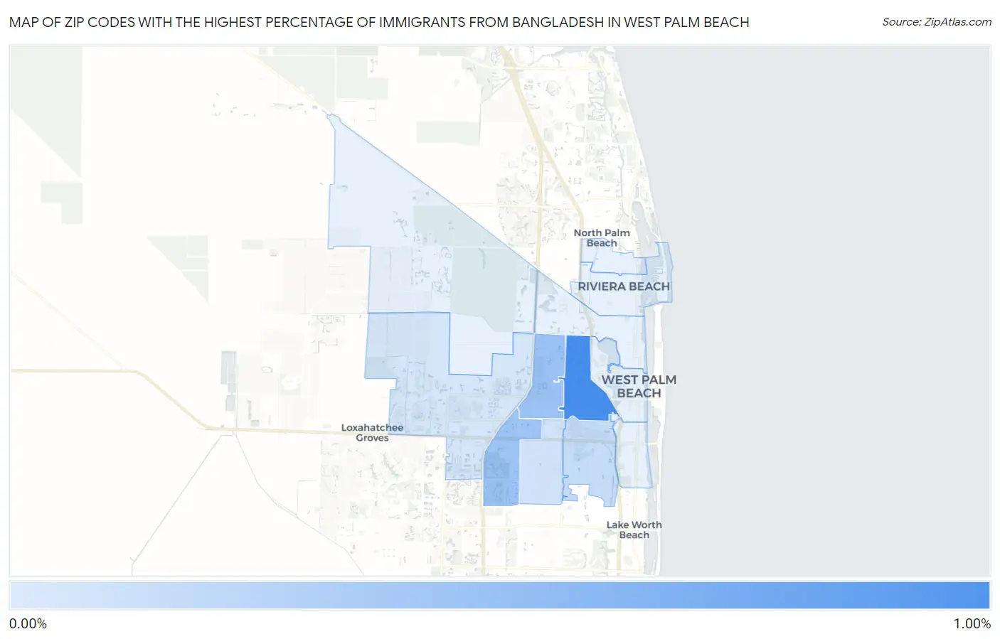 Zip Codes with the Highest Percentage of Immigrants from Bangladesh in West Palm Beach Map