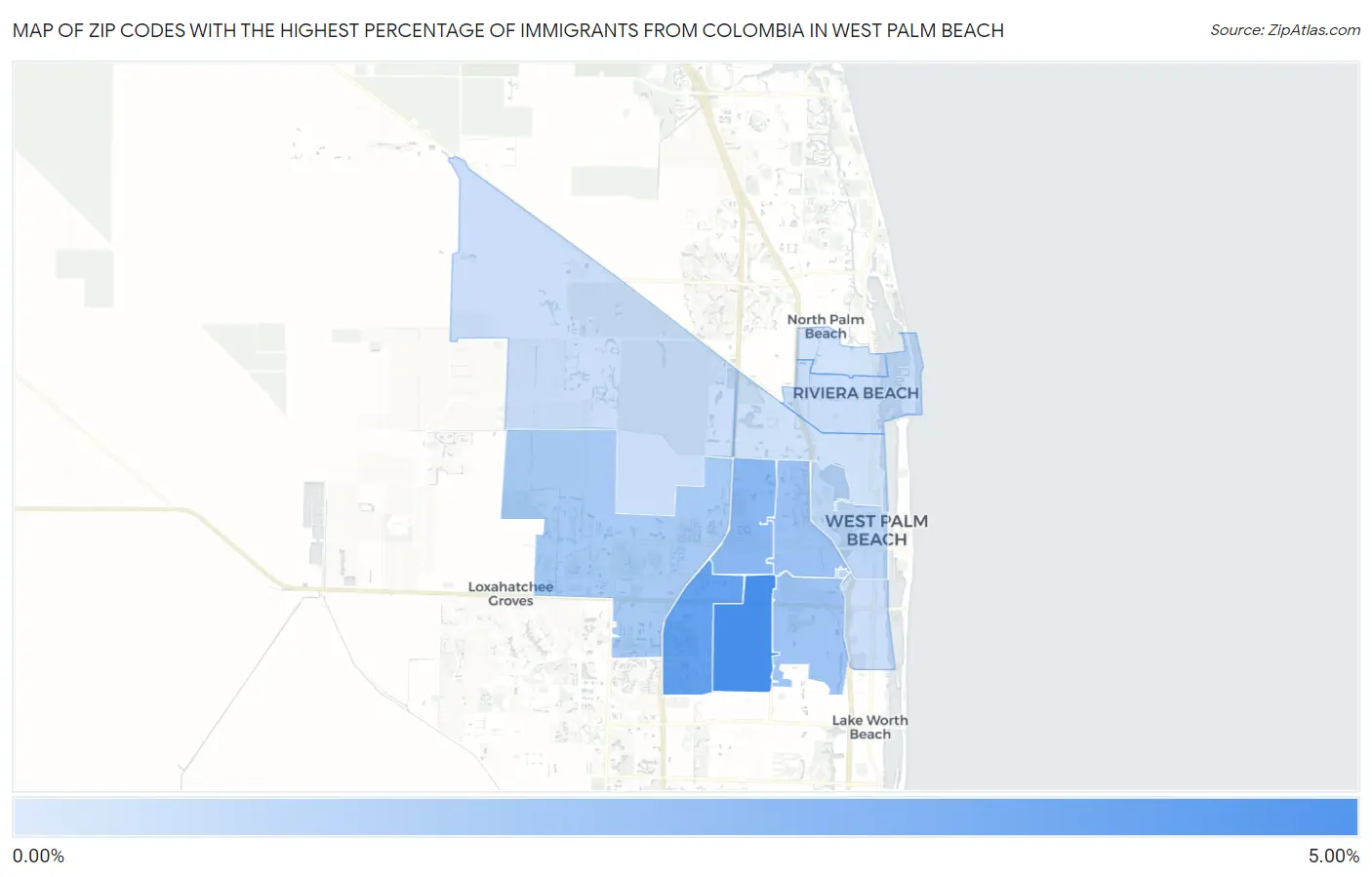 Zip Codes with the Highest Percentage of Immigrants from Colombia in West Palm Beach Map