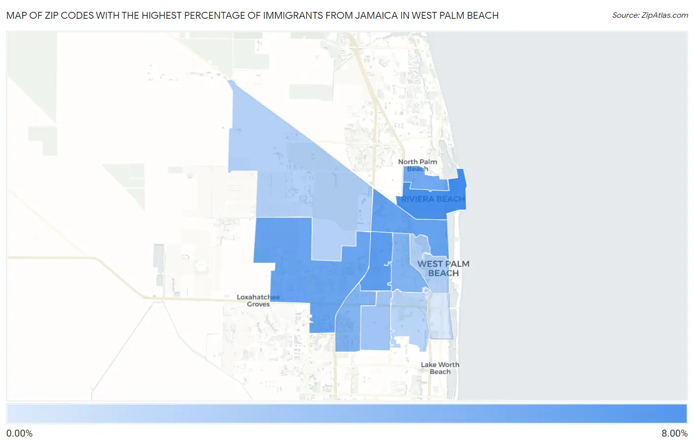 Zip Codes with the Highest Percentage of Immigrants from Jamaica in West Palm Beach Map