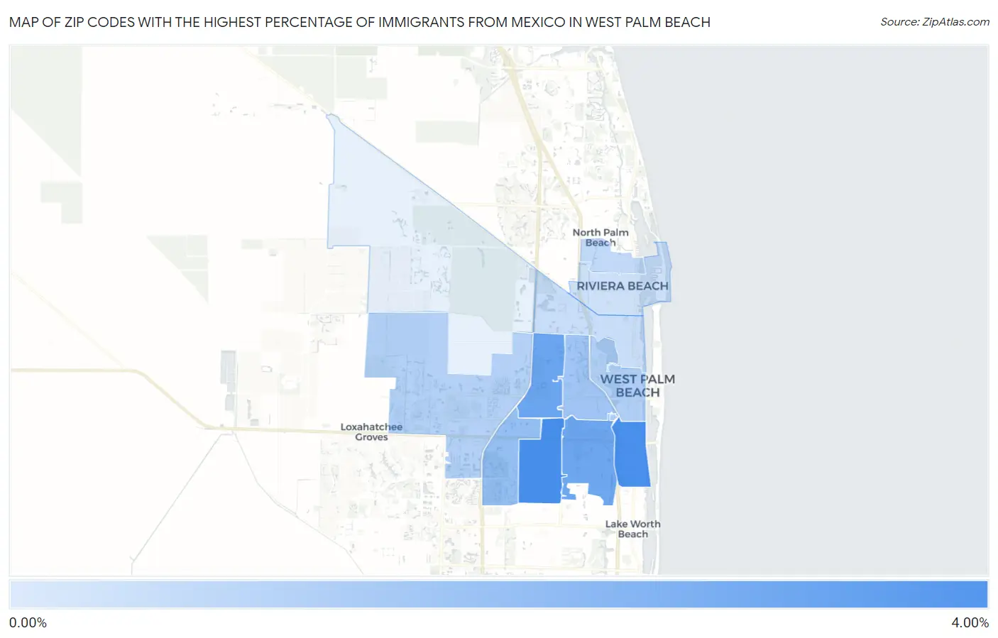 Zip Codes with the Highest Percentage of Immigrants from Mexico in West Palm Beach Map