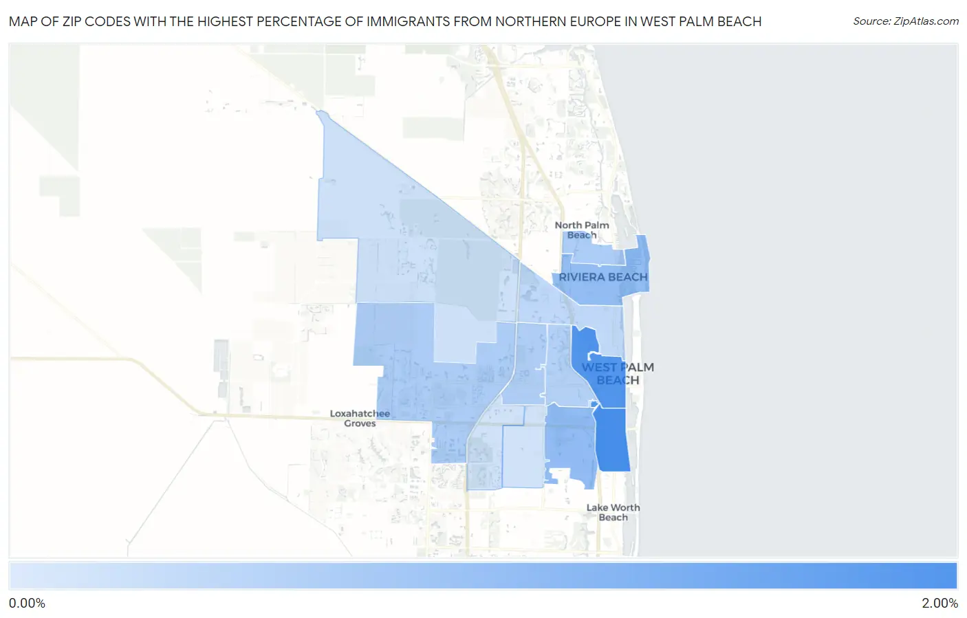 Zip Codes with the Highest Percentage of Immigrants from Northern Europe in West Palm Beach Map