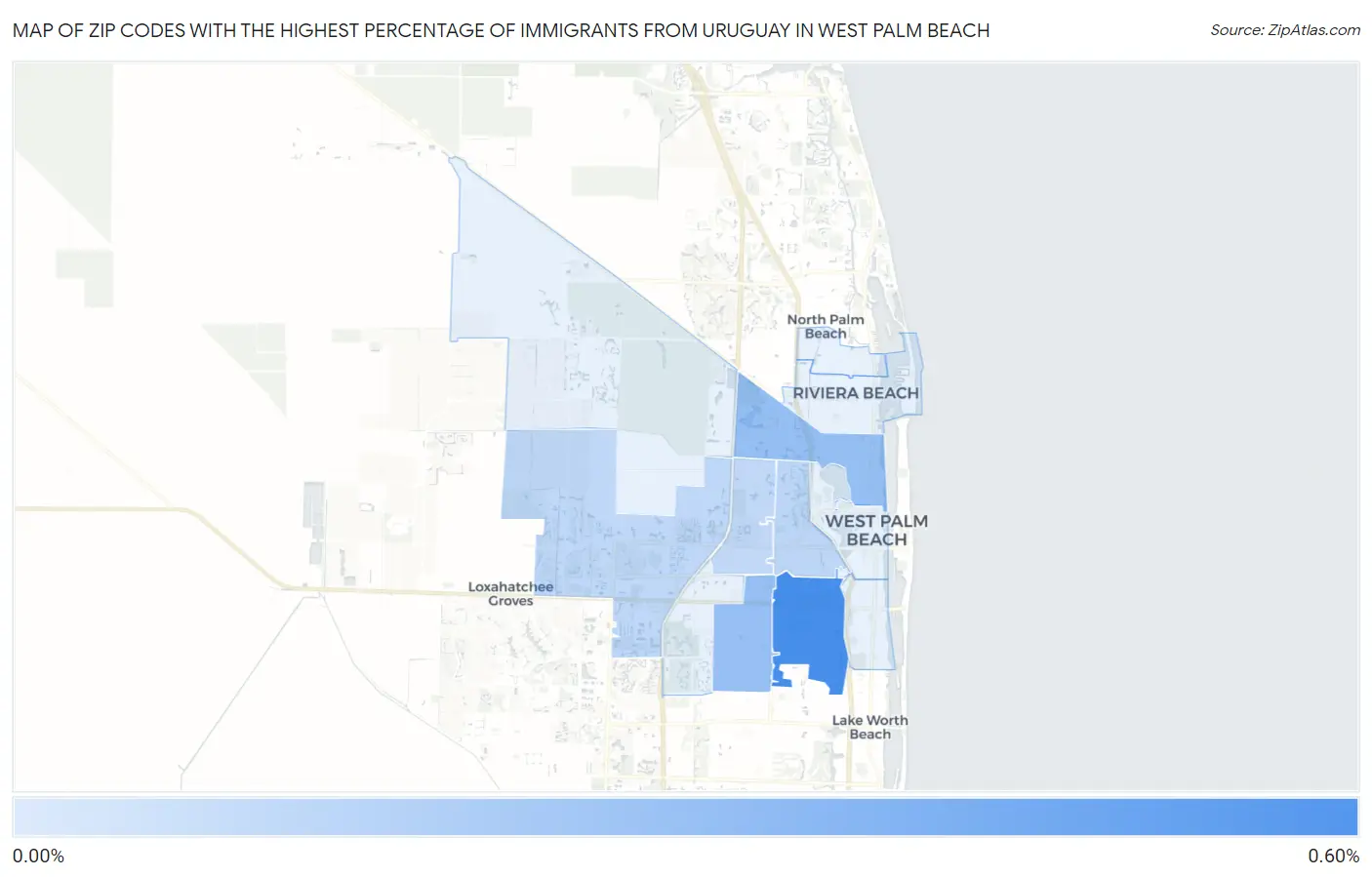 Zip Codes with the Highest Percentage of Immigrants from Uruguay in West Palm Beach Map