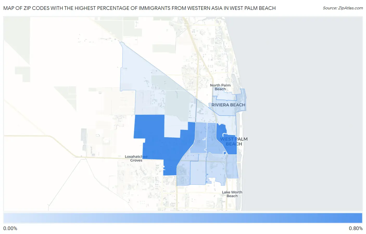 Zip Codes with the Highest Percentage of Immigrants from Western Asia in West Palm Beach Map