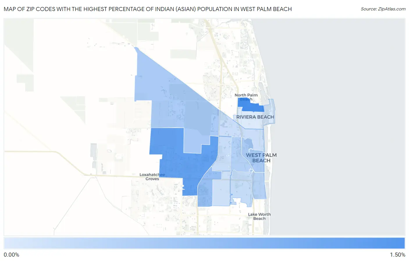 Zip Codes with the Highest Percentage of Indian (Asian) Population in West Palm Beach Map