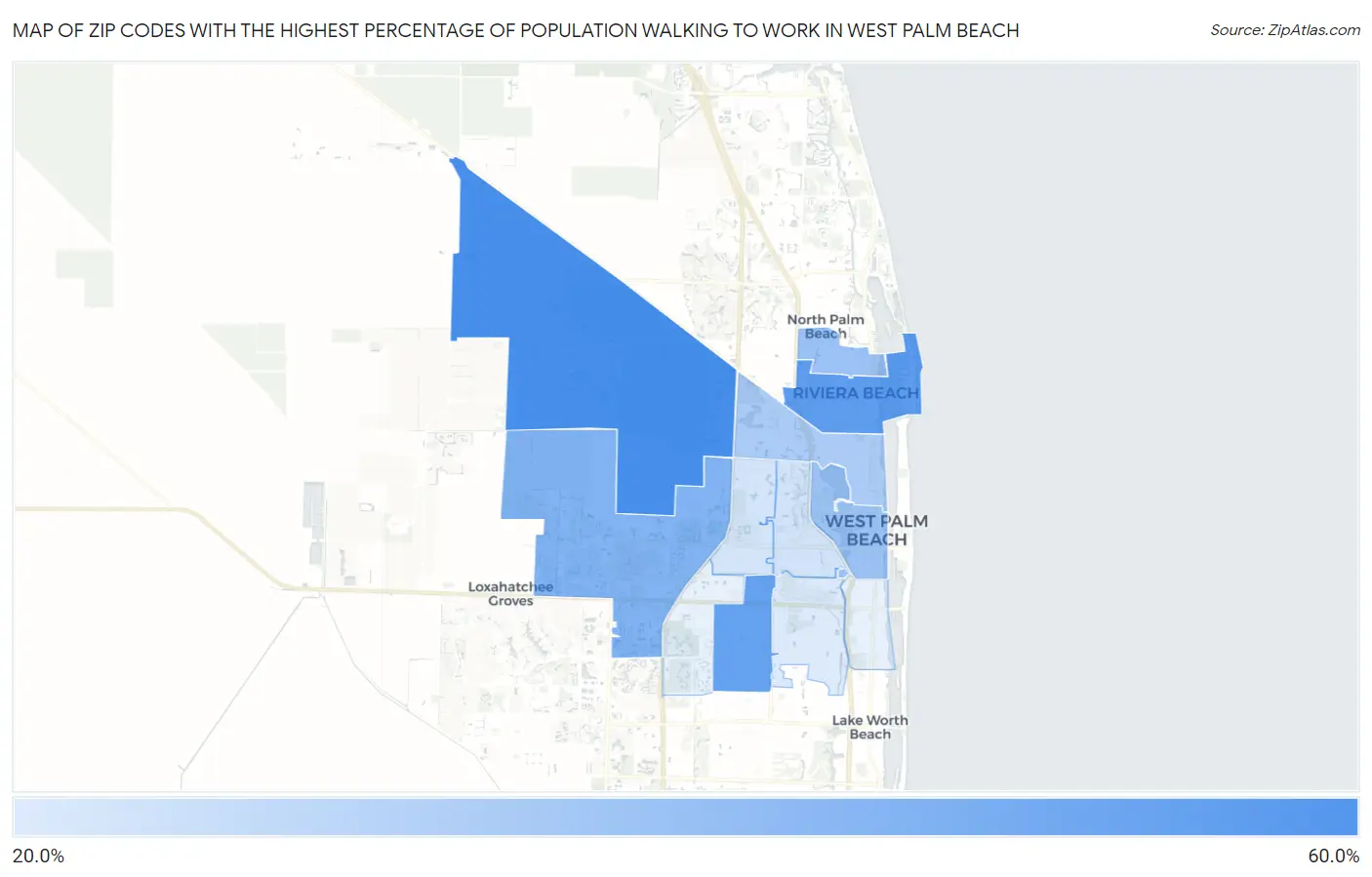 Zip Codes with the Highest Percentage of Population Walking to Work in West Palm Beach Map