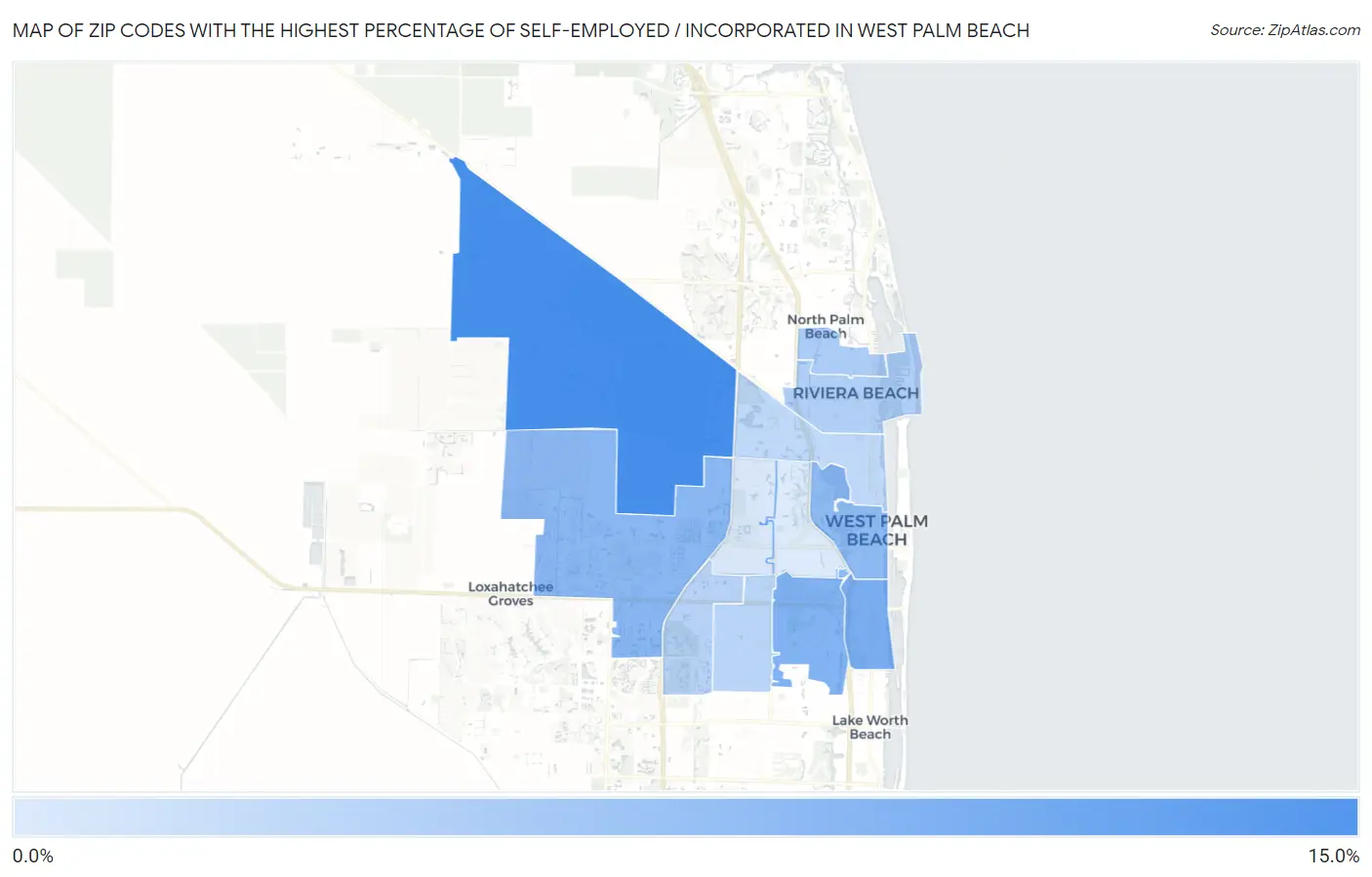 Zip Codes with the Highest Percentage of Self-Employed / Incorporated in West Palm Beach Map