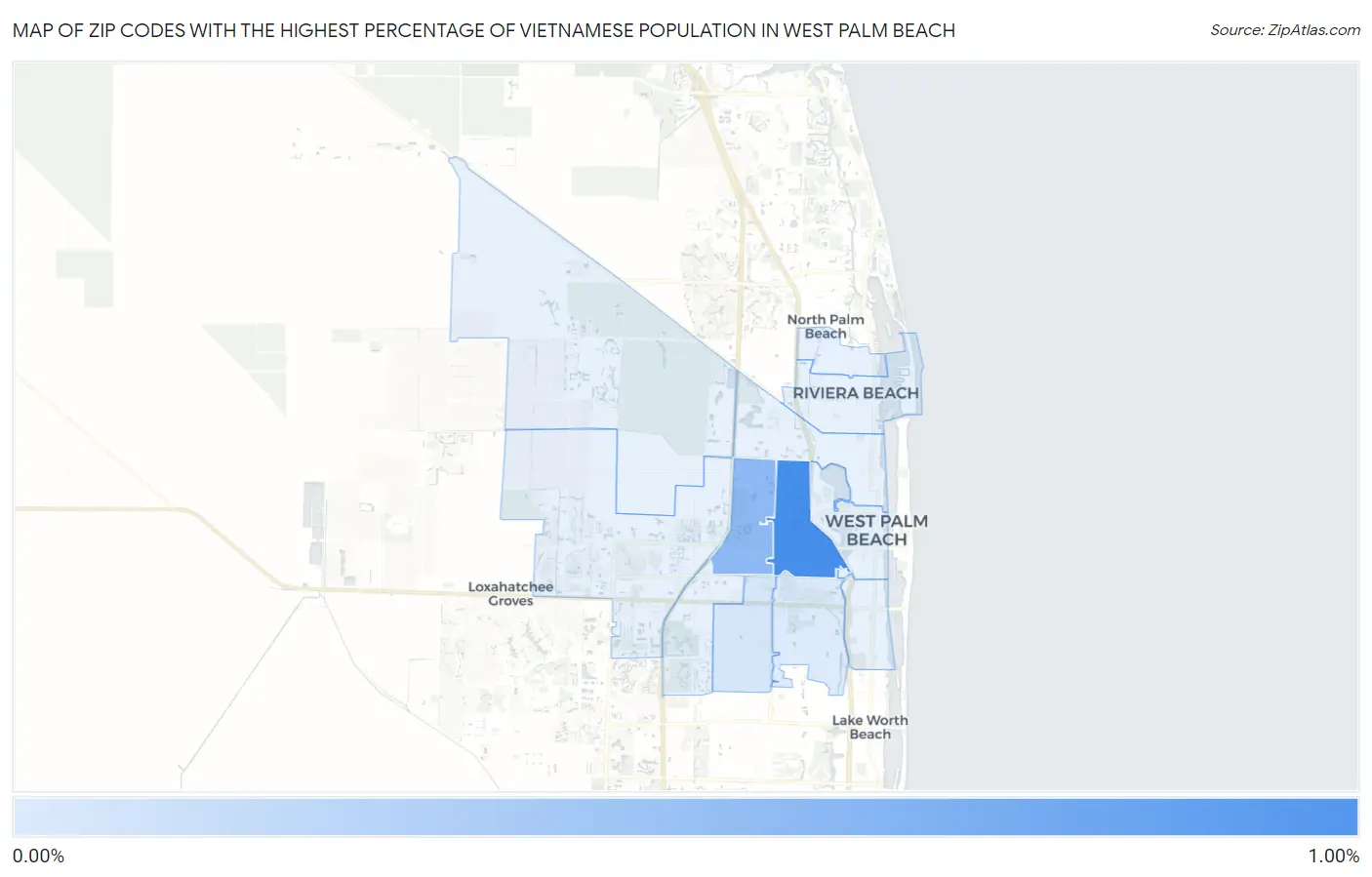 Zip Codes with the Highest Percentage of Vietnamese Population in West Palm Beach Map