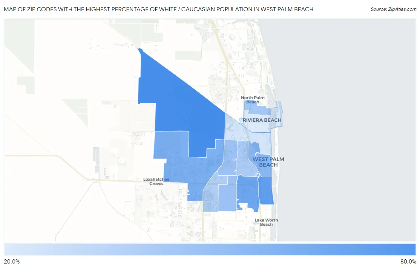 Zip Codes with the Highest Percentage of White / Caucasian Population in West Palm Beach Map