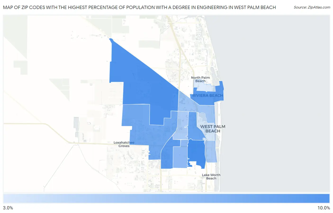 Zip Codes with the Highest Percentage of Population with a Degree in Engineering in West Palm Beach Map