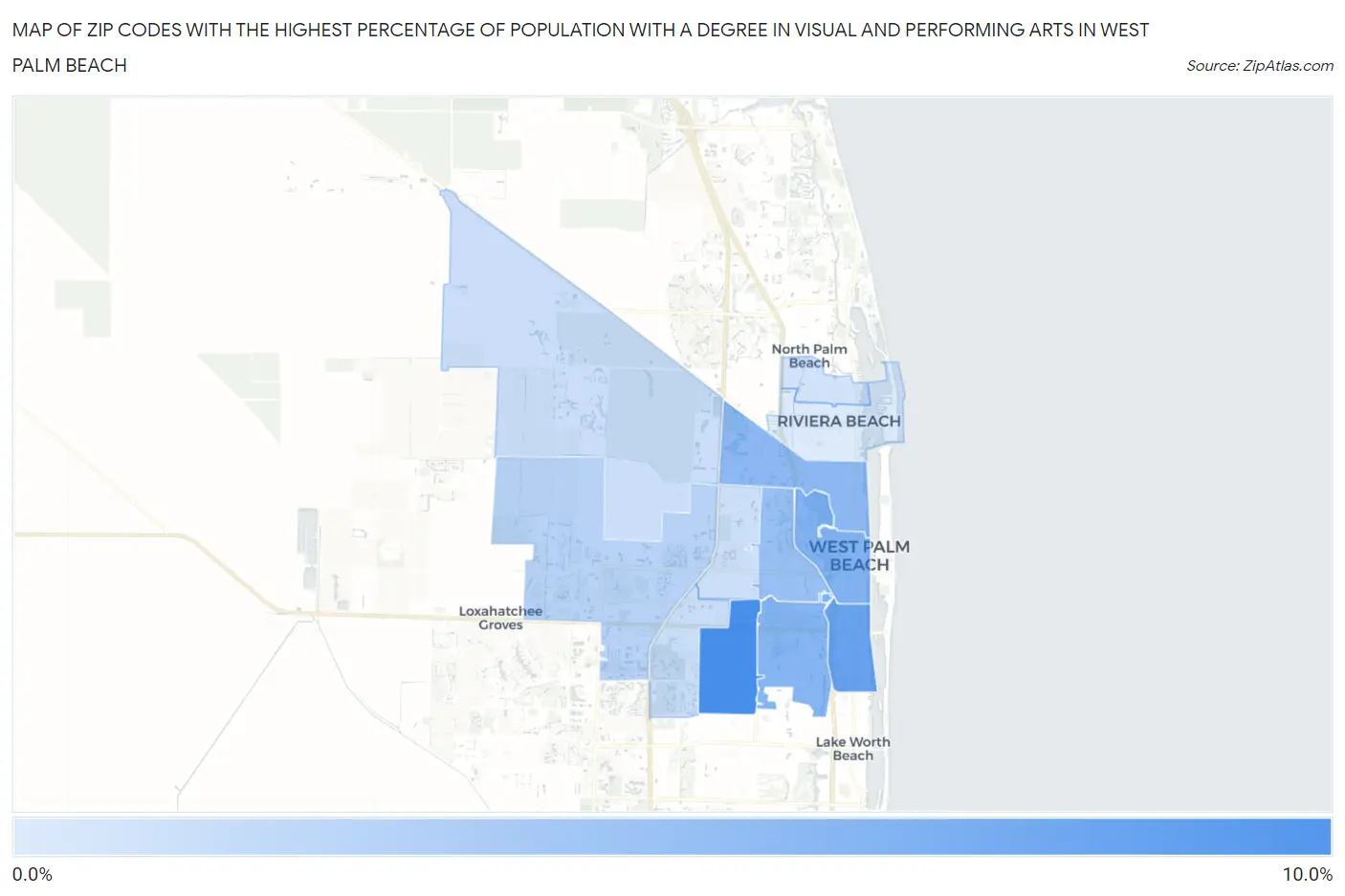 Zip Codes with the Highest Percentage of Population with a Degree in Visual and Performing Arts in West Palm Beach Map