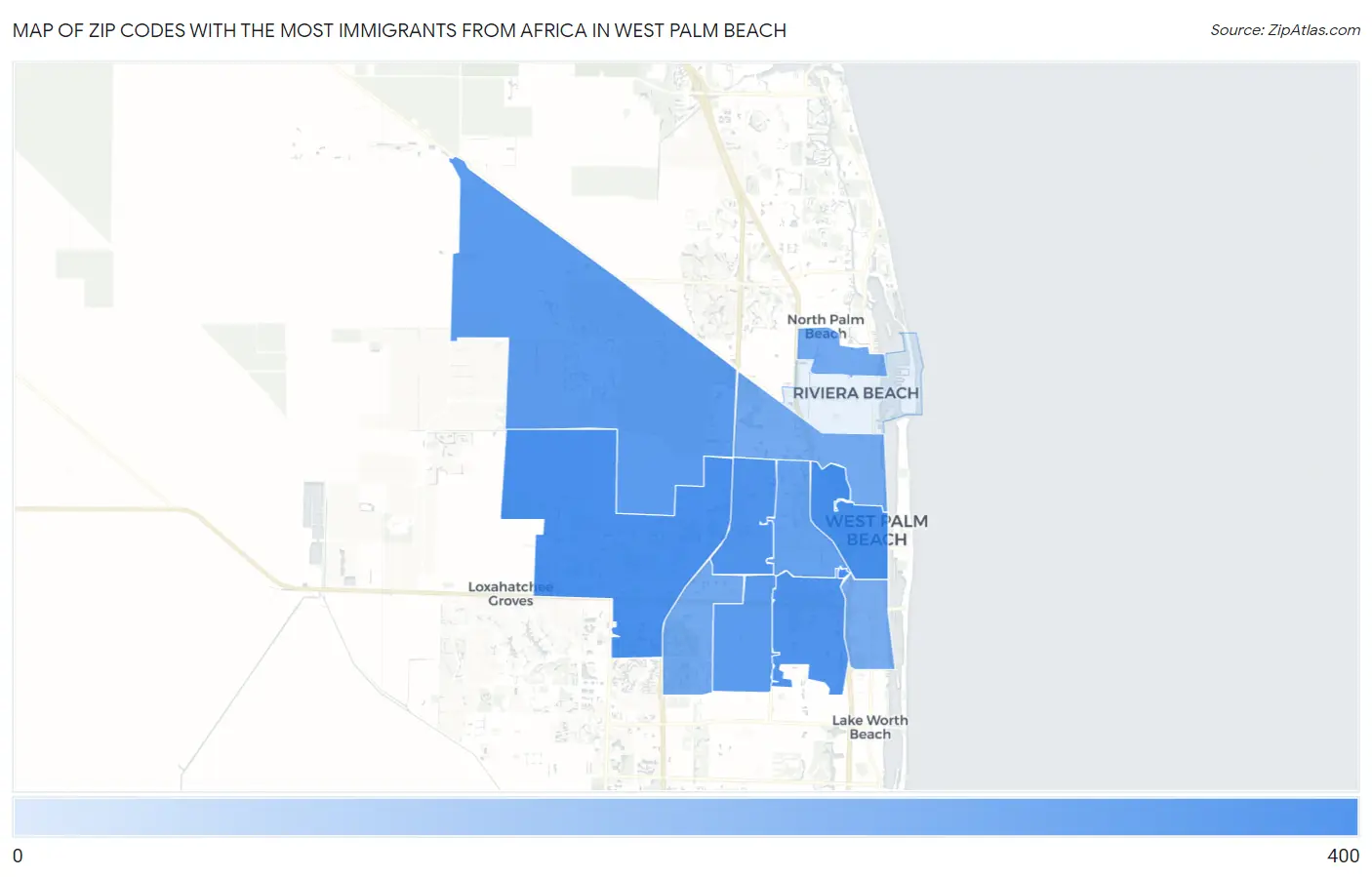 Zip Codes with the Most Immigrants from Africa in West Palm Beach Map