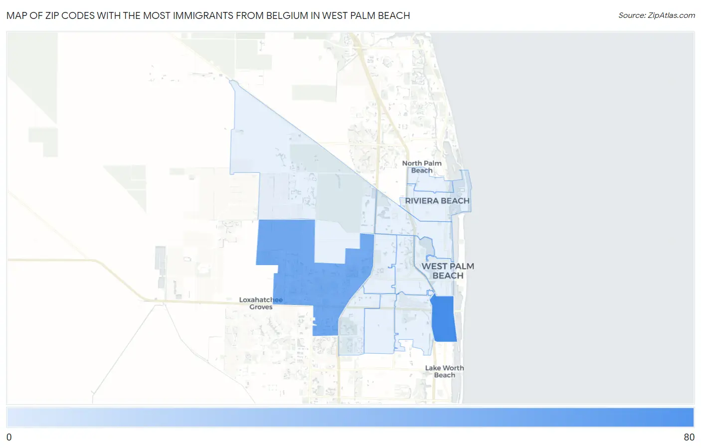 Zip Codes with the Most Immigrants from Belgium in West Palm Beach Map