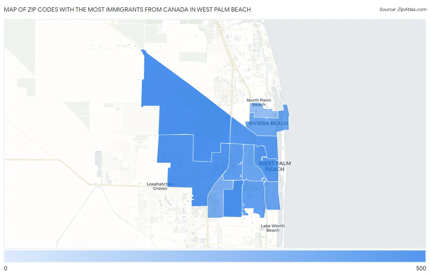 Zip Codes with the Most Immigrants from Canada in West Palm Beach Map