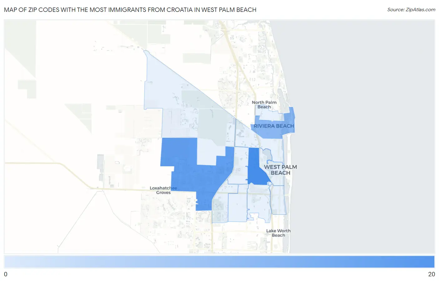 Zip Codes with the Most Immigrants from Croatia in West Palm Beach Map