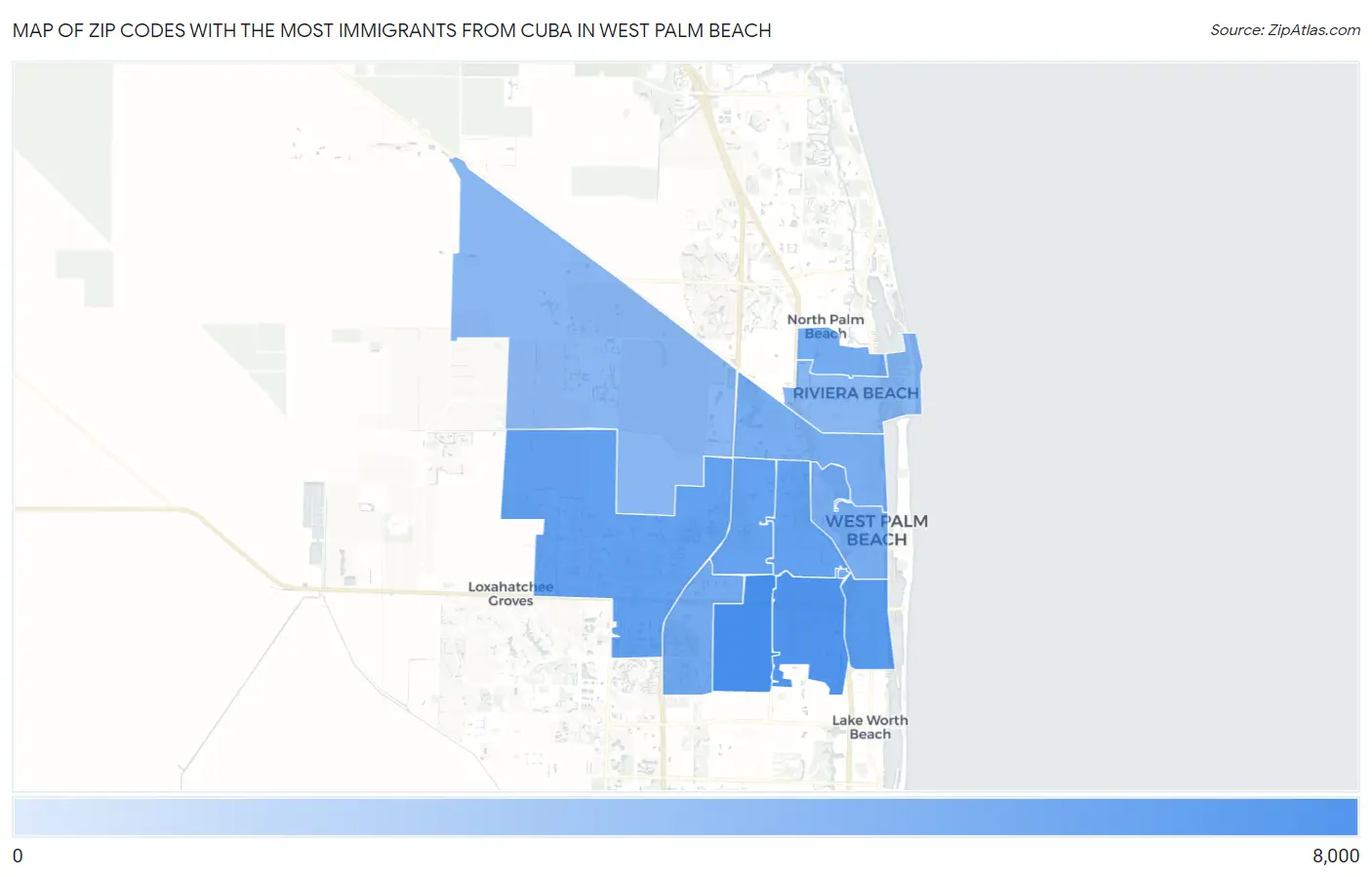 Zip Codes with the Most Immigrants from Cuba in West Palm Beach Map