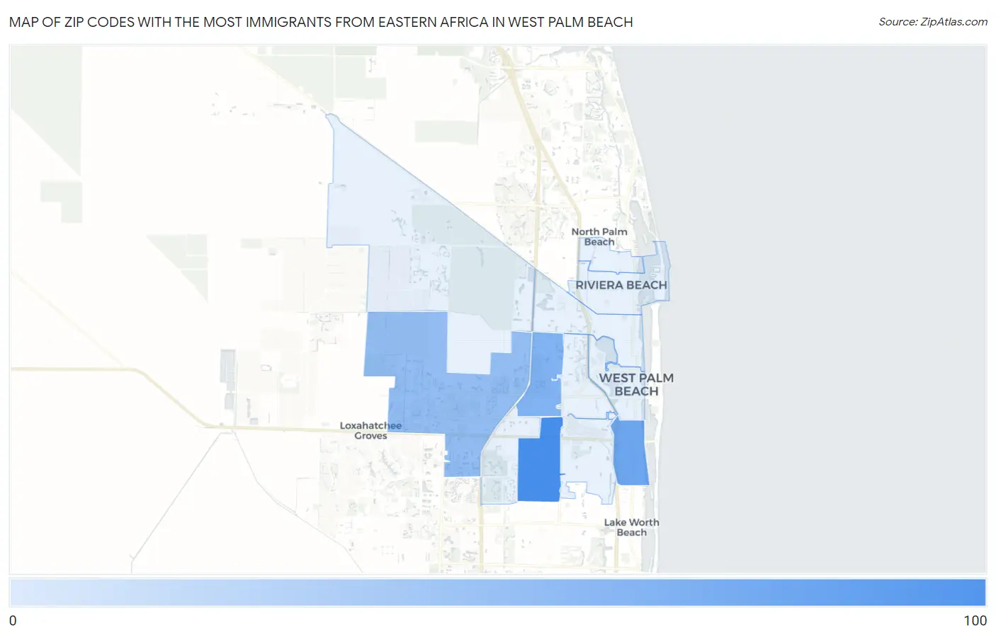 Zip Codes with the Most Immigrants from Eastern Africa in West Palm Beach Map