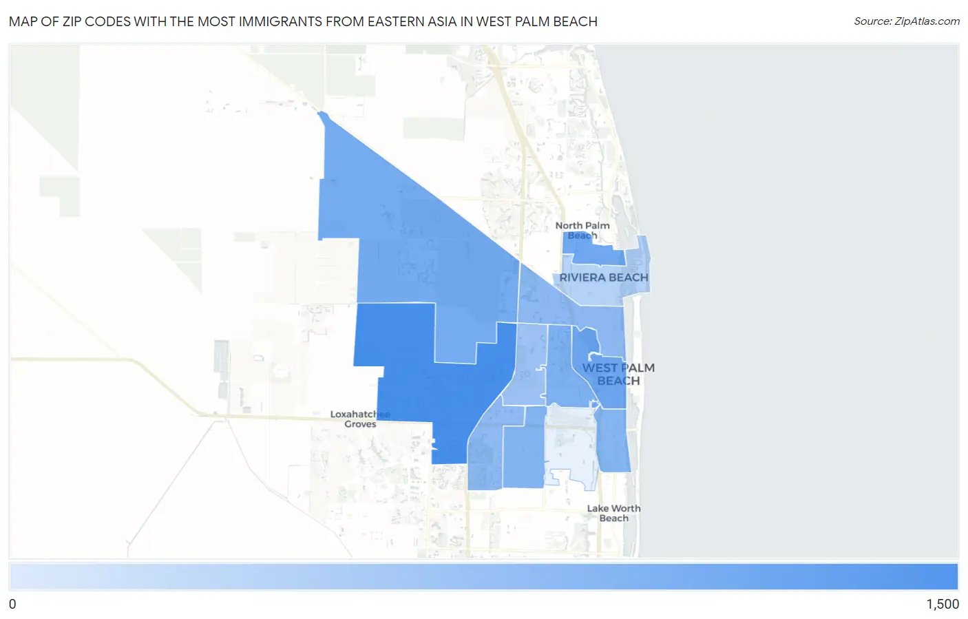 Zip Codes with the Most Immigrants from Eastern Asia in West Palm Beach Map