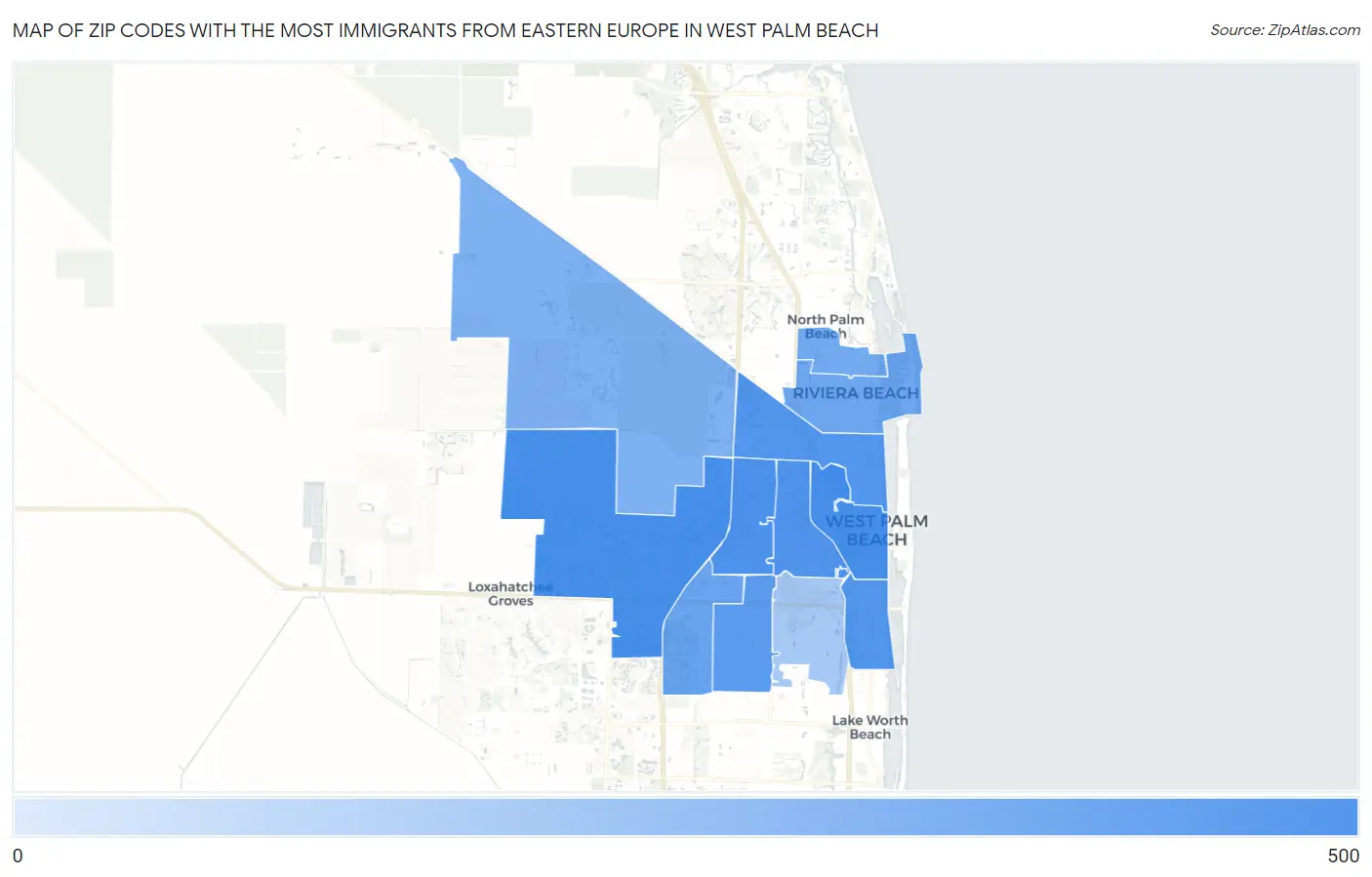Zip Codes with the Most Immigrants from Eastern Europe in West Palm Beach Map