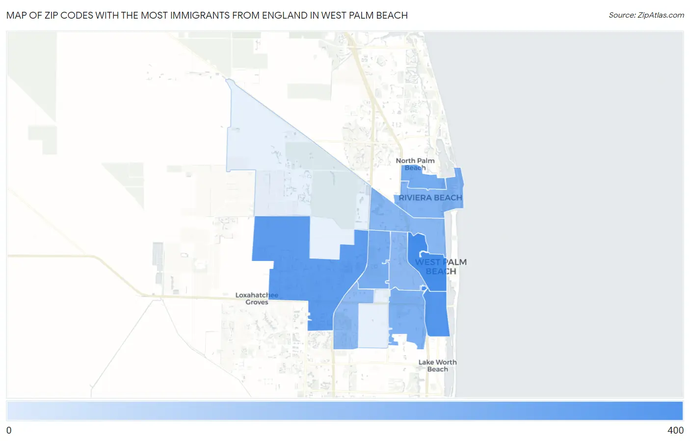 Zip Codes with the Most Immigrants from England in West Palm Beach Map