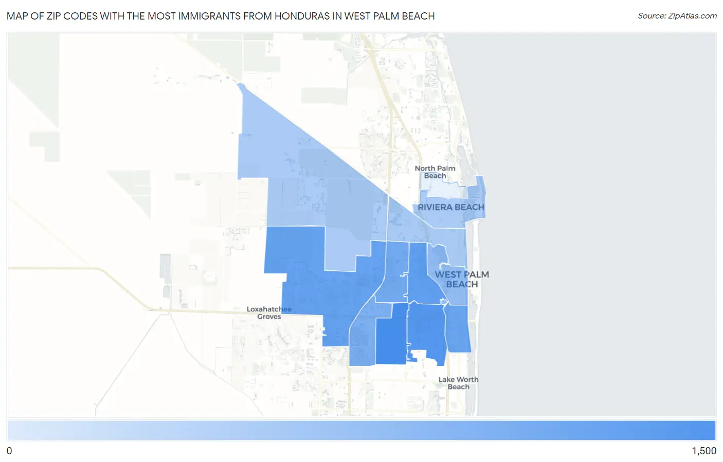 Zip Codes with the Most Immigrants from Honduras in West Palm Beach Map