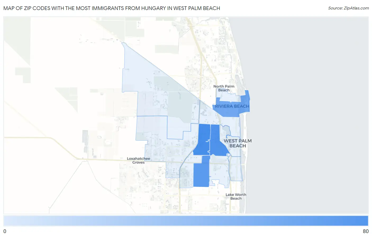 Zip Codes with the Most Immigrants from Hungary in West Palm Beach Map