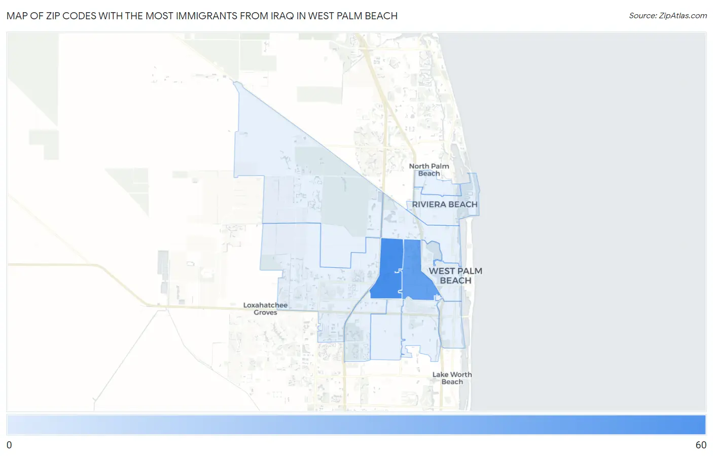 Zip Codes with the Most Immigrants from Iraq in West Palm Beach Map