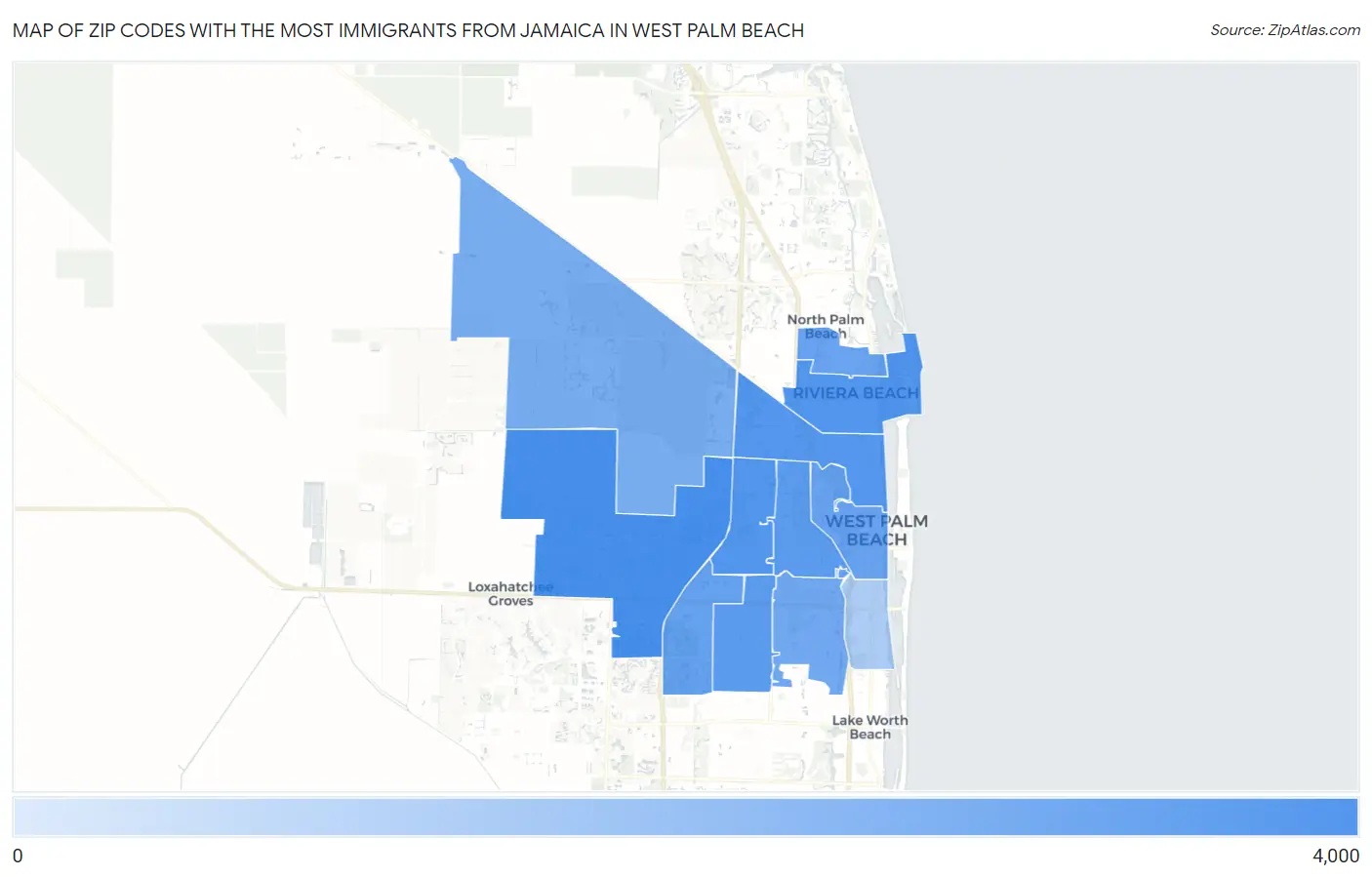 Zip Codes with the Most Immigrants from Jamaica in West Palm Beach Map