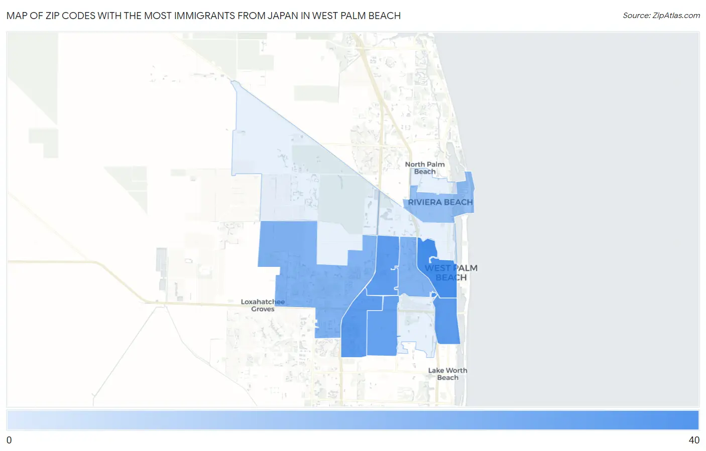 Zip Codes with the Most Immigrants from Japan in West Palm Beach Map