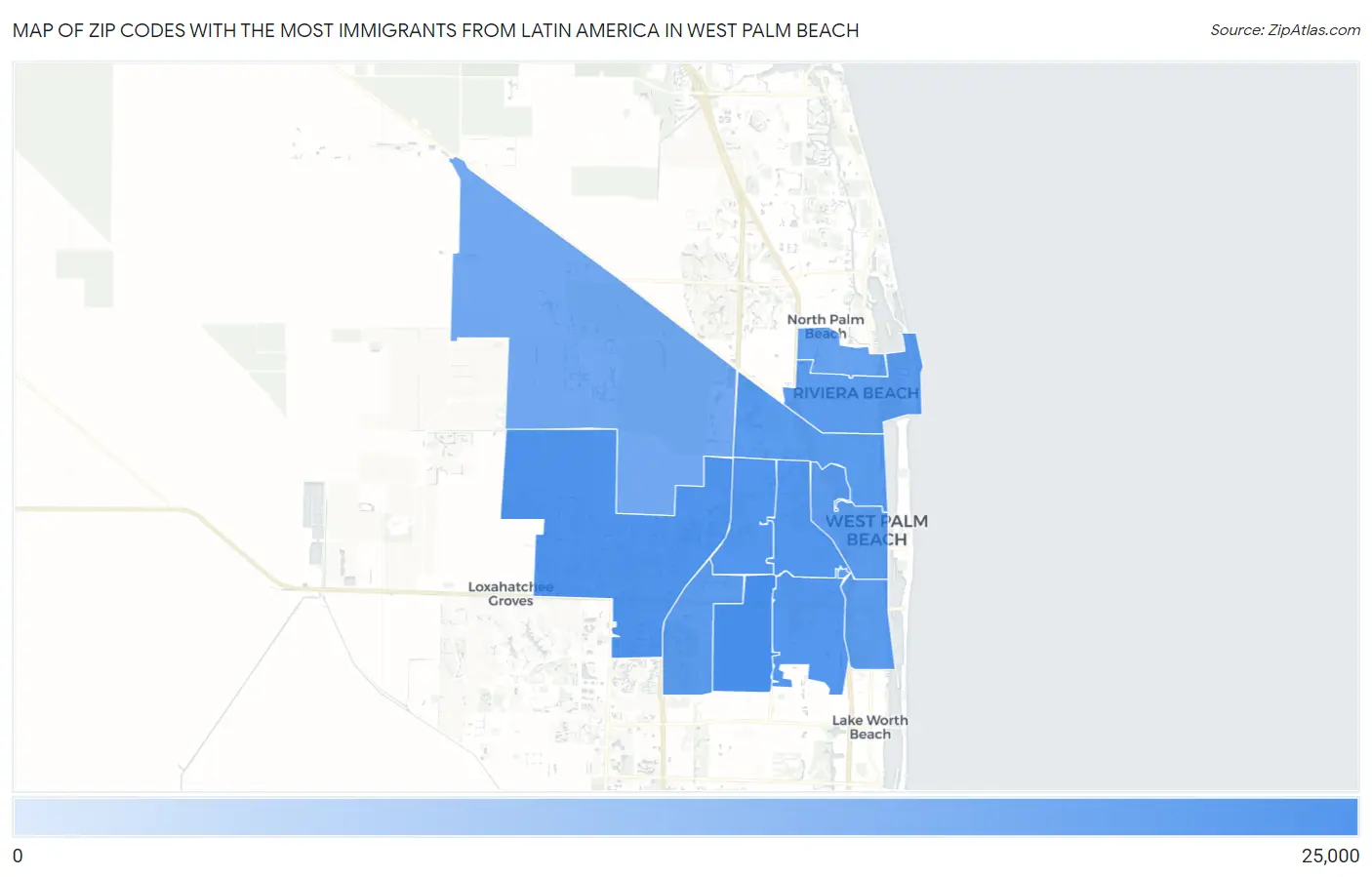 Zip Codes with the Most Immigrants from Latin America in West Palm Beach Map