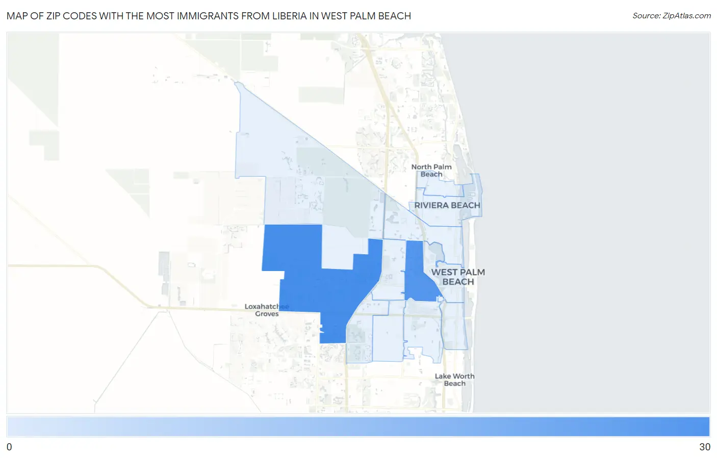 Zip Codes with the Most Immigrants from Liberia in West Palm Beach Map