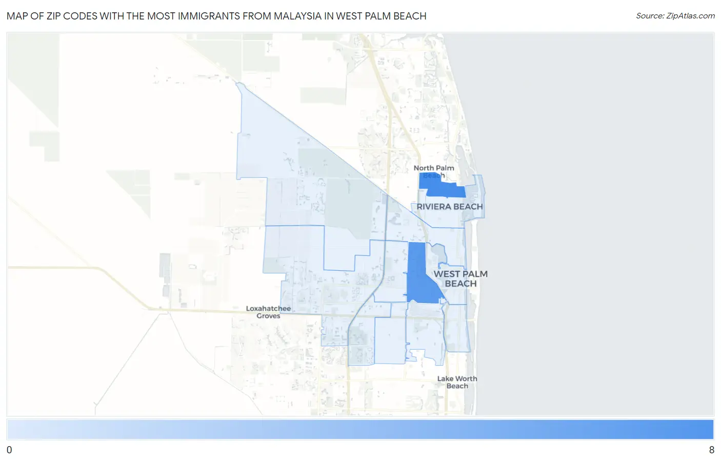 Zip Codes with the Most Immigrants from Malaysia in West Palm Beach Map