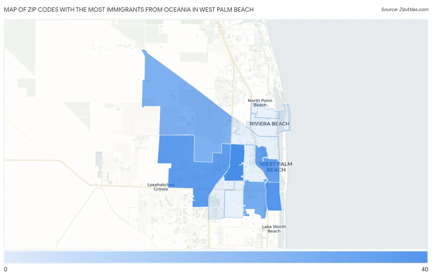 Zip Codes with the Most Immigrants from Oceania in West Palm Beach Map
