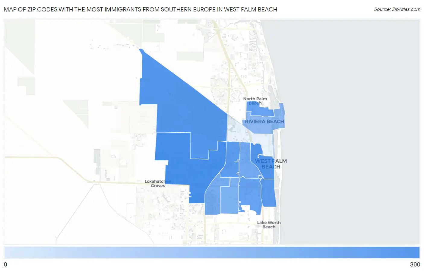 Zip Codes with the Most Immigrants from Southern Europe in West Palm Beach Map