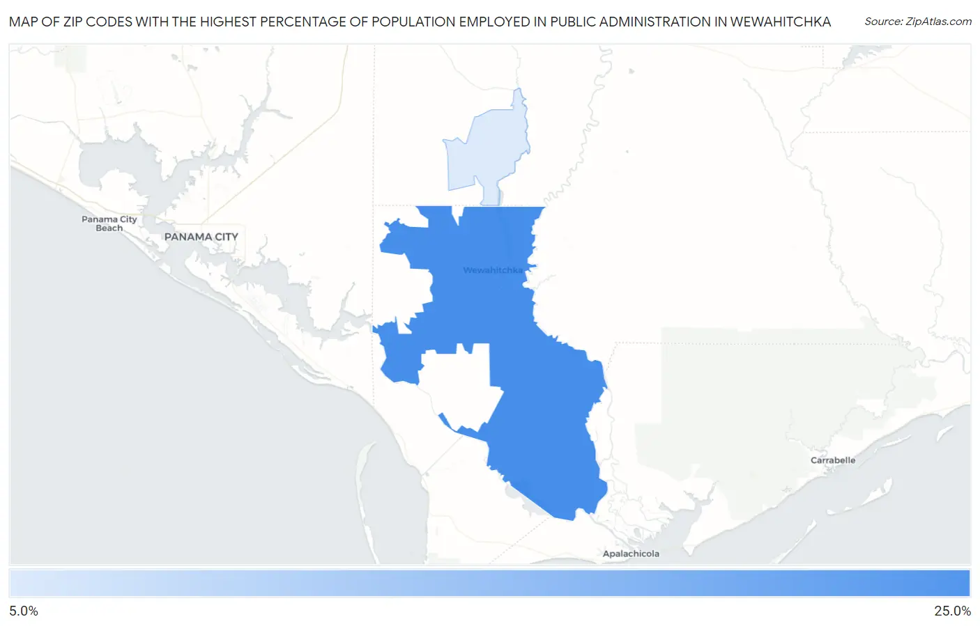 Zip Codes with the Highest Percentage of Population Employed in Public Administration in Wewahitchka Map