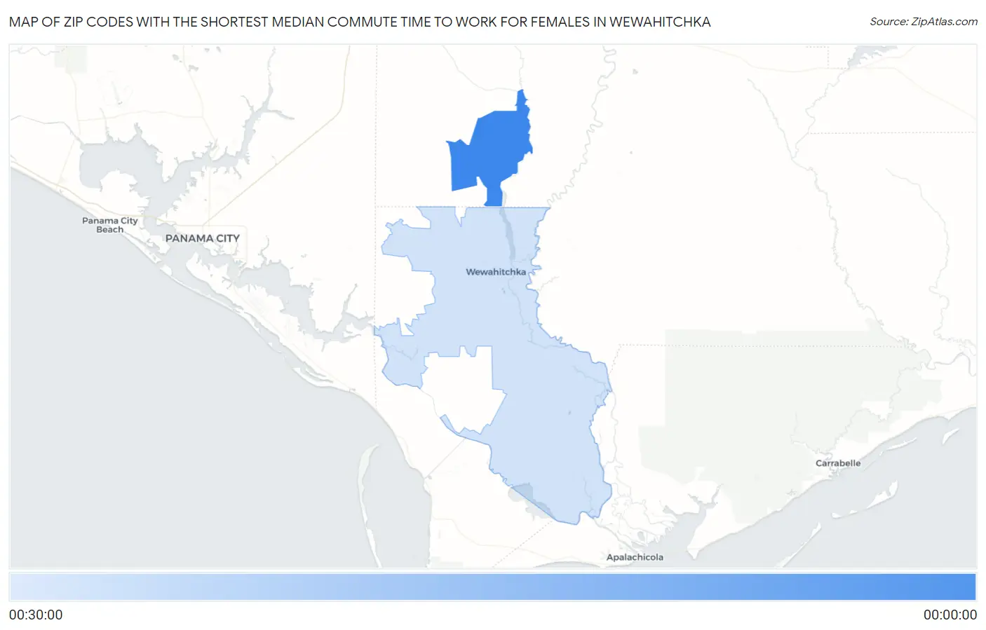 Zip Codes with the Shortest Median Commute Time to Work for Females in Wewahitchka Map