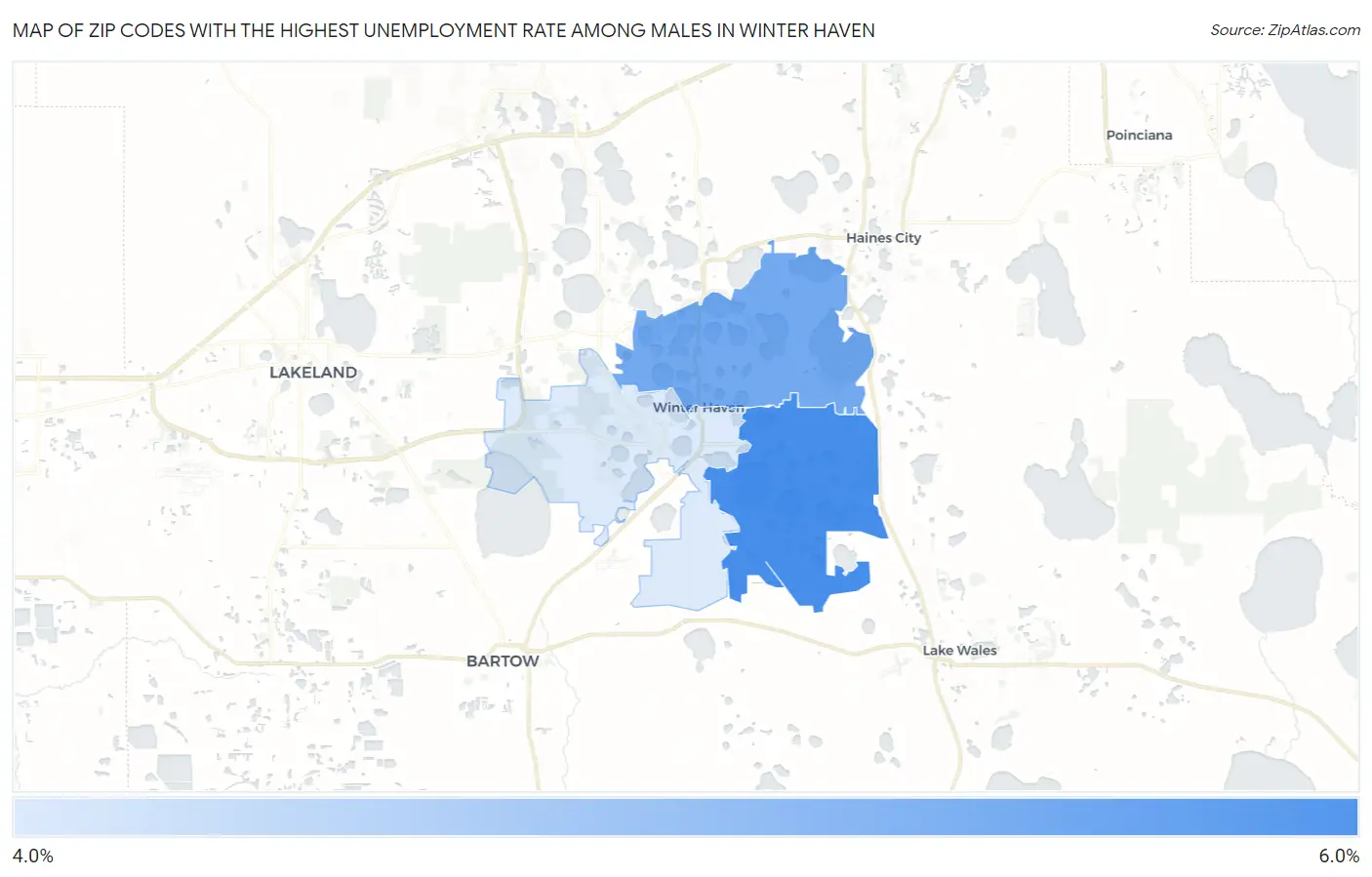 Zip Codes with the Highest Unemployment Rate Among Males in Winter Haven Map