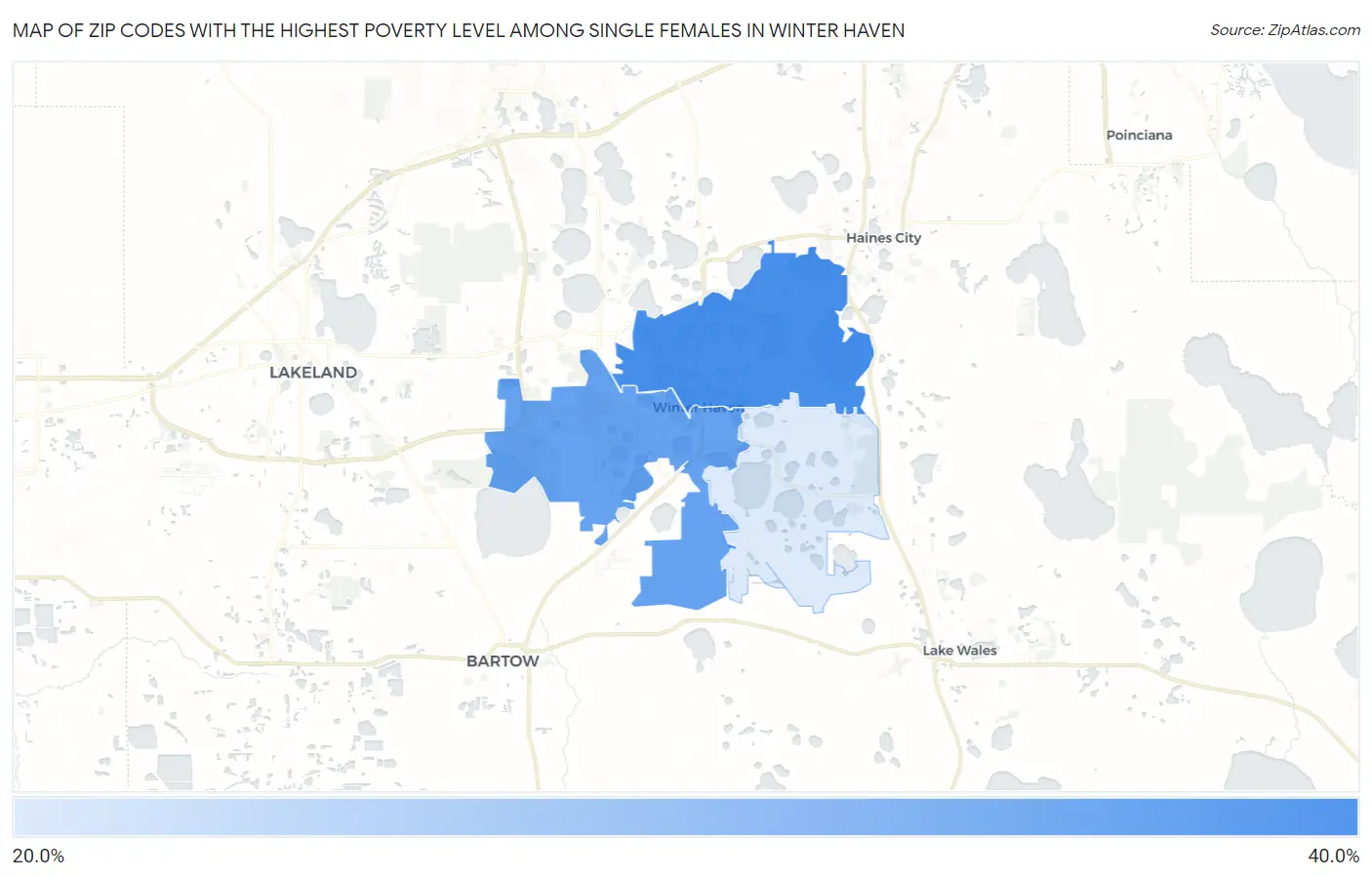 Zip Codes with the Highest Poverty Level Among Single Females in Winter Haven Map