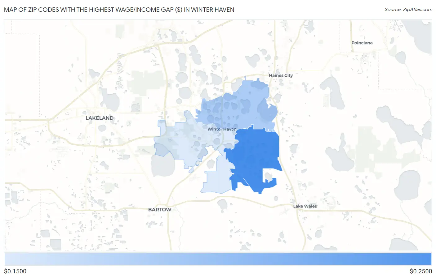 Zip Codes with the Highest Wage/Income Gap ($) in Winter Haven Map