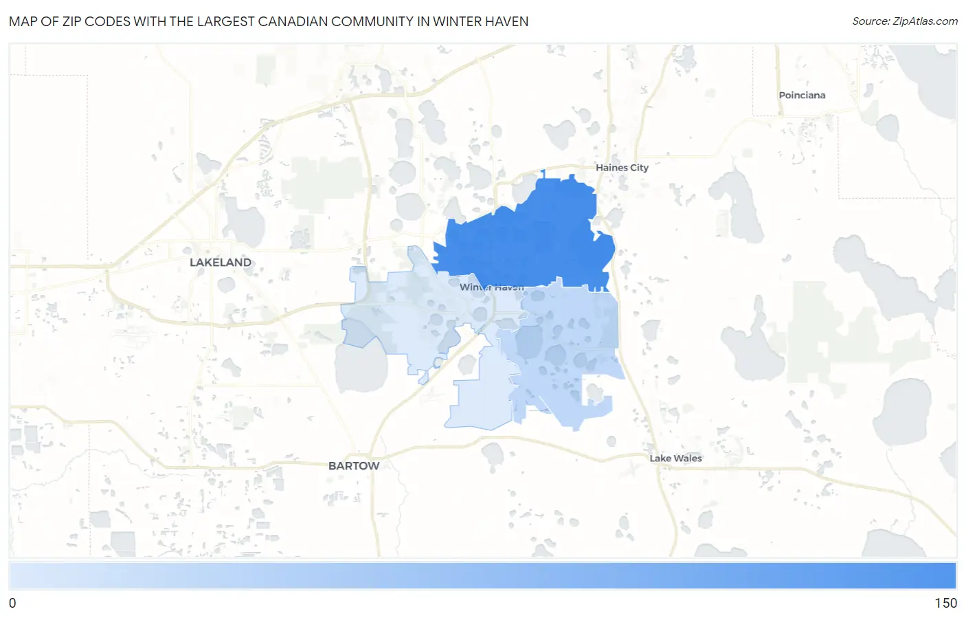 Zip Codes with the Largest Canadian Community in Winter Haven Map